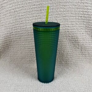 Starbucks Tumbler Venti Green Grid Studded Cold Cup With Straw 24 oz